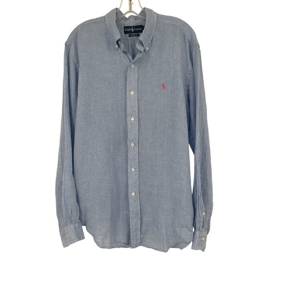 Ralph Lauren Mens Classic Fit Blue Gingham 100% Linen Shirt Size Large - Picture 1 of 6
